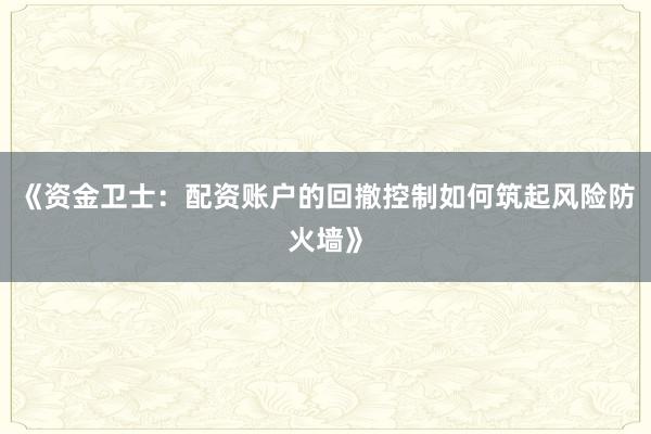 《资金卫士：配资账户的回撤控制如何筑起风险防火墙》
